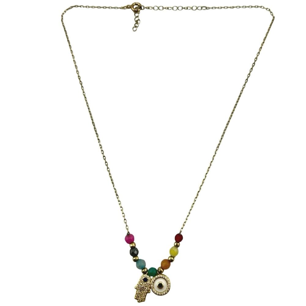 Hamsa Evil Eye Semi Precious Gemstone Beads CZ Accent Gold Tone 16" Necklace